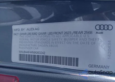 2021 Audi S4 Premium Plus Tfsi Quattro Tiptronic from USA, damaged, VIN WAUB4AF44MA063242